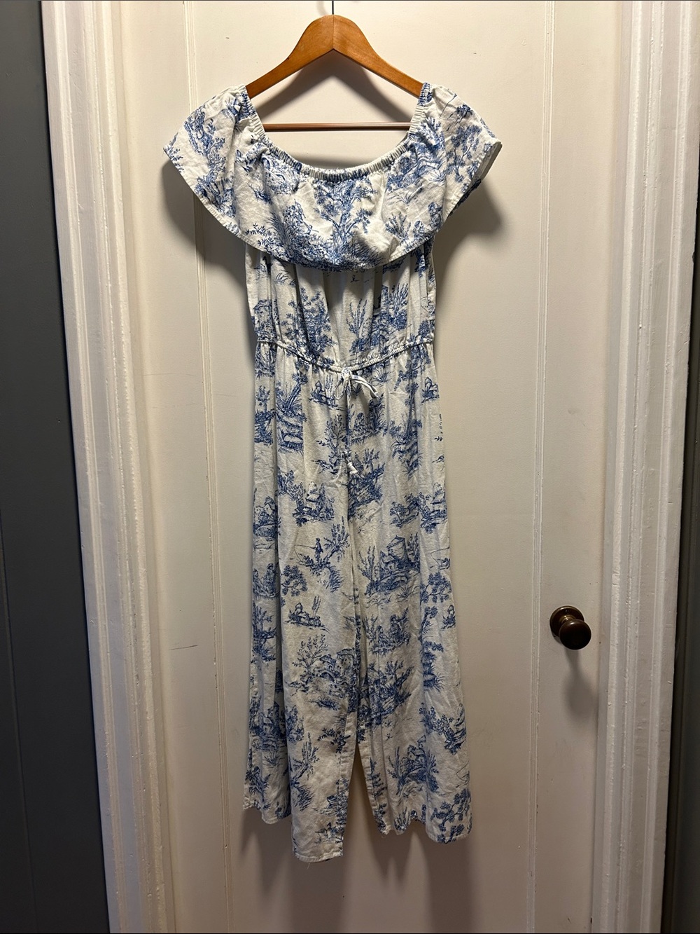 White and Blue Off-Shoulder Floral Jumpsuit